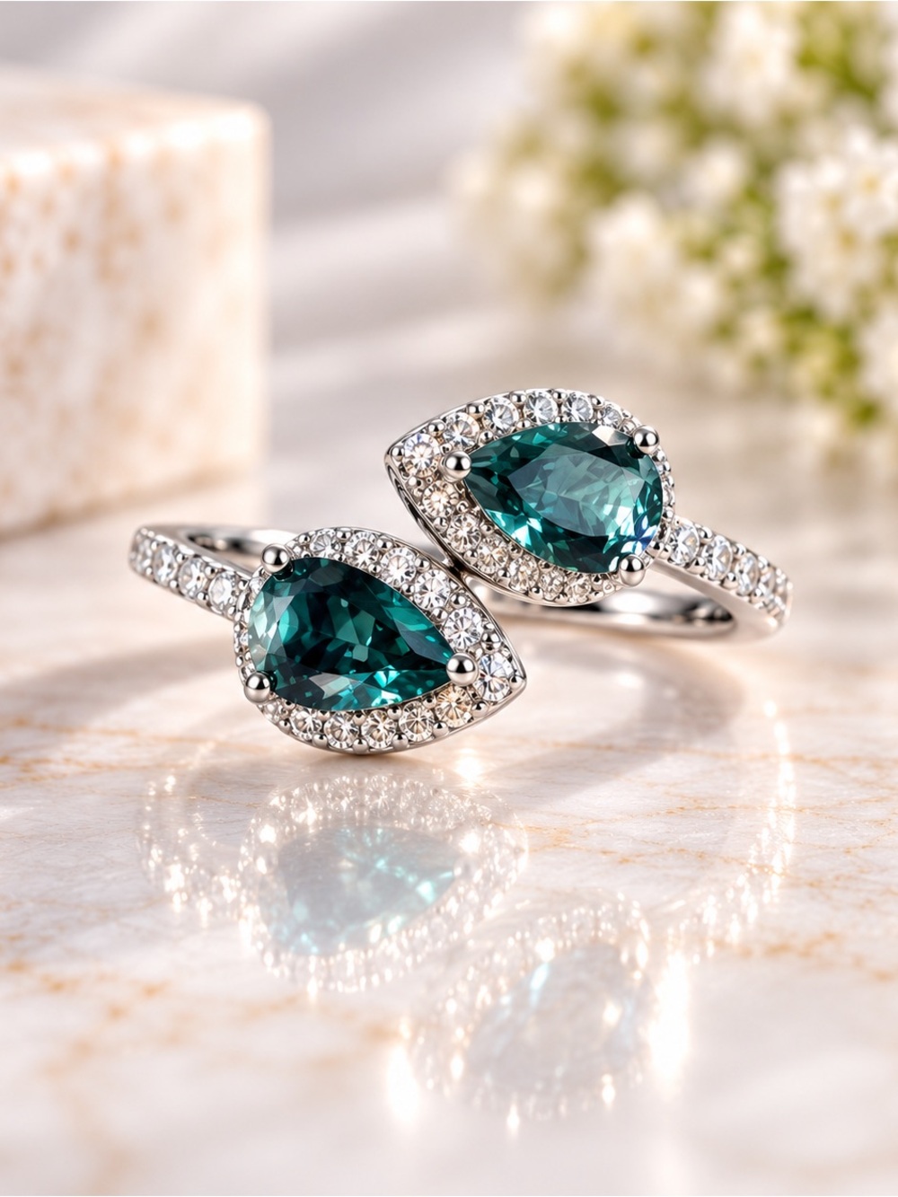 Teal Blue Pear CZ Toi et Moi Bypass Ring Silver Plated Adjustable New